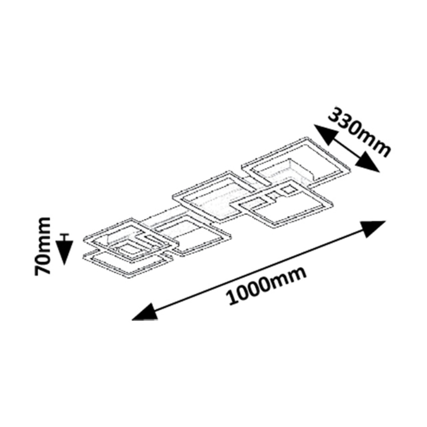 Svietidlo s rozmermi 1000 mm x 330 mm x 70 mm je znázornené v perspektívnom náčrte. Svietidlo má predĺžený tvar s viacerými vstavanými štvorcovými zdrojmi svetla.