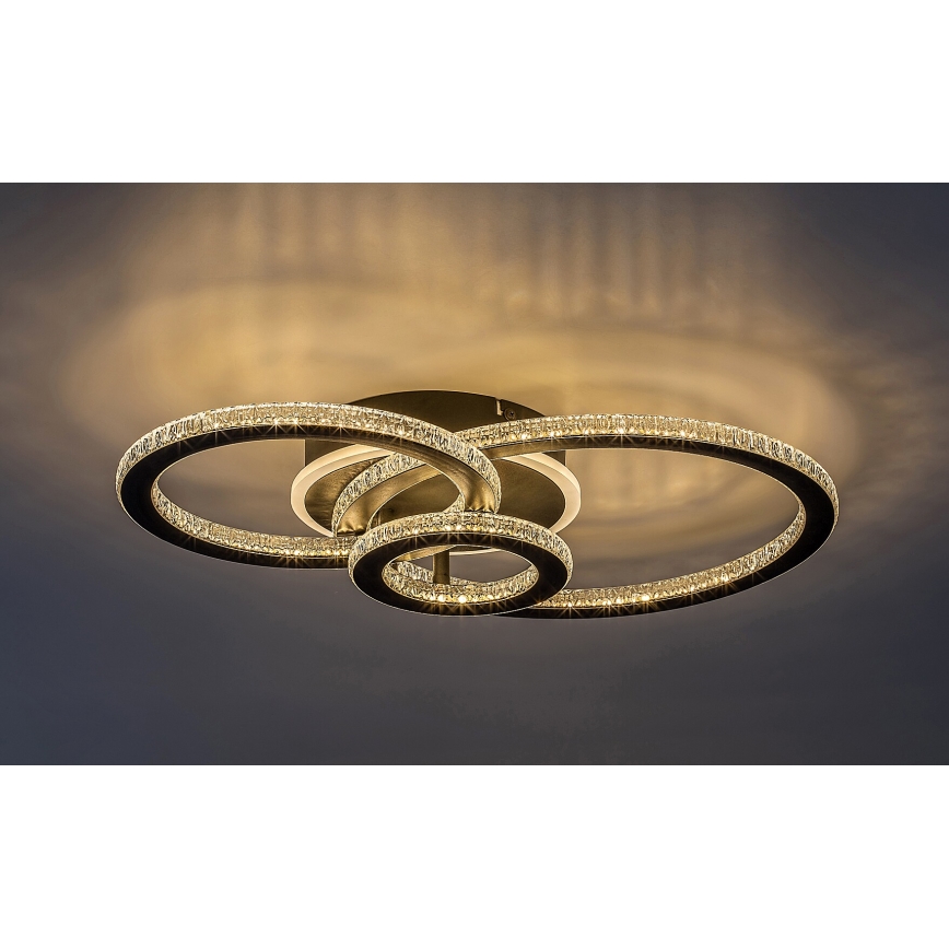 Svietidlo svieti na strope. Je tvorené tromi prepletenými kruhmi s LED diódami a kryštálikmi. Svietidlo je kovové, tmavej farby.