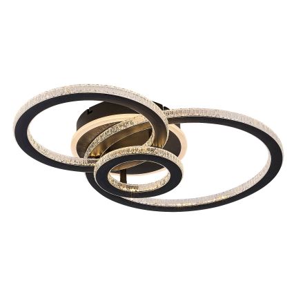 Svietidlo s LED osvetlením, ktoré pozostáva z prepletených kruhov s kryštálovými ozdobami, je zobrazené na bielom pozadí. Svietidlo je čiernej a zlatej farby.