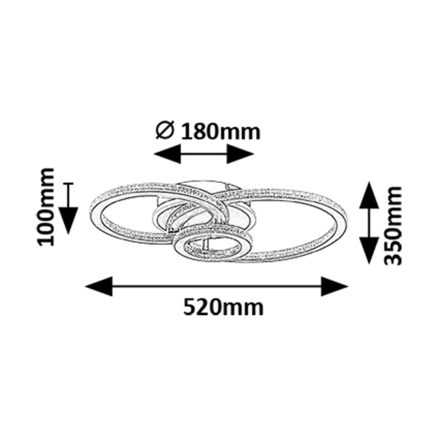 Trojradové stropné svietidlo s LED osvetlením má priemer 520 mm a výšku 100 mm. Šírka je 350 mm, vnútorný kruh má priemer 180 mm. Svietidlo je znázornené v náčrte s rozmermi.