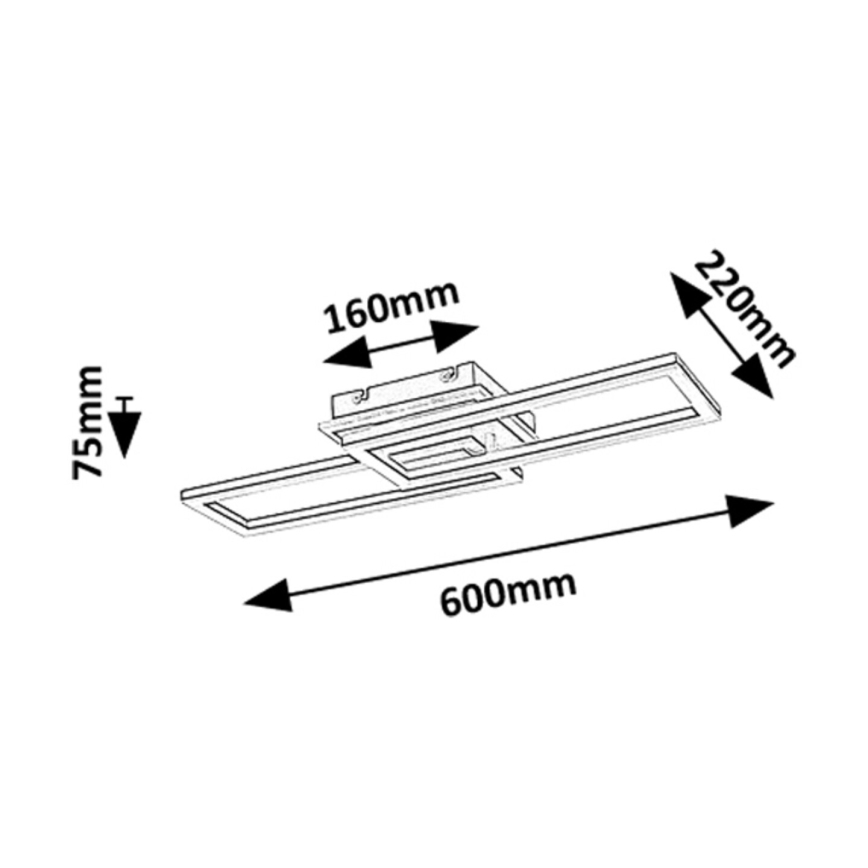 Svietidlo s rozmermi 600x160x75 mm a šírkou 220 mm je zobrazené v technickom výkrese. Predstavuje stropné svietidlo s obdĺžnikovým tvarom a vnútornou štruktúrou. Výkres obsahuje rozmery v milimetroch.