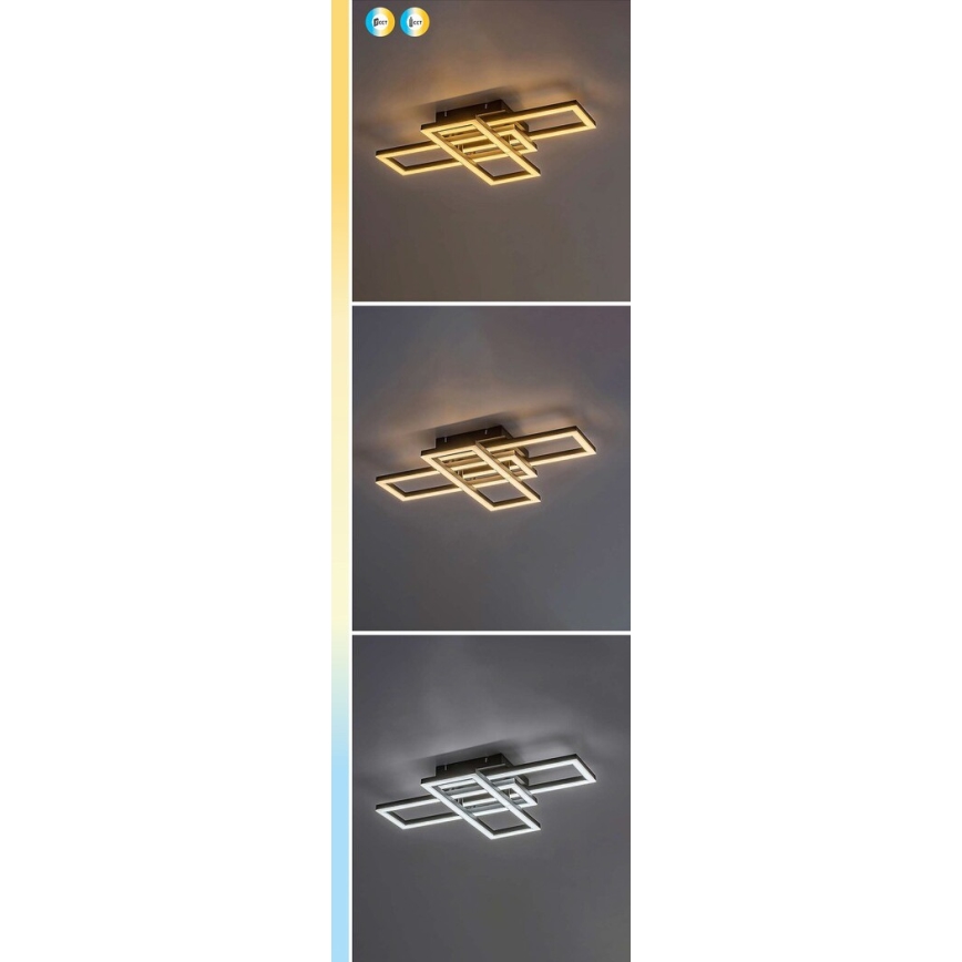 Svietidlo s prekríženými obdĺžnikovými rámčekmi je pripevnené k stropu. Je zobrazené v troch farebných variáciách: zlatej, striebornej a tmavosivej. Svietidlo svieti.