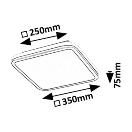 Štvorcové stropné svietidlo je znázornené s rozmermi 350 x 250 mm a výškou 75 mm.