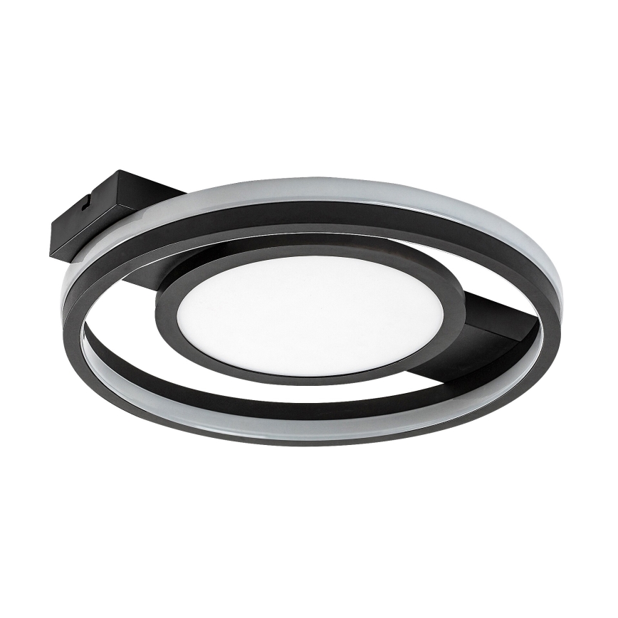 Svietidlo s kruhovým tvarom a dvojitým čiernym rámom osvetľuje priestor. Vnútorná časť je svetlá, difúzne rozptyľujúca svetlo. Svietidlo je pripevnené k stropu.