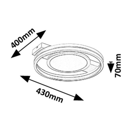 Okrúhle stropné svietidlo s dvojitým okrajom je znázornené zhora. Má priemer 430 mm a výšku 70 mm. Pripevnenie na strop je znázornené na náčrte.