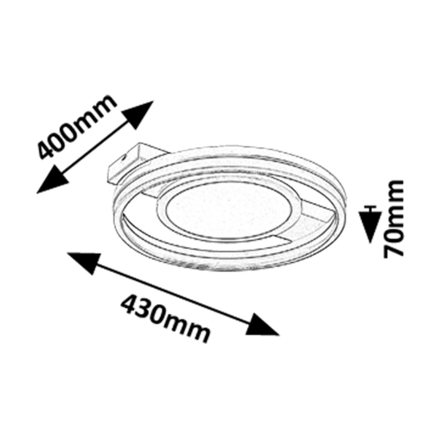 Okrúhle stropné svietidlo s dvojitým okrajom je znázornené zhora. Má priemer 430 mm a výšku 70 mm. Pripevnenie na strop je znázornené na náčrte.