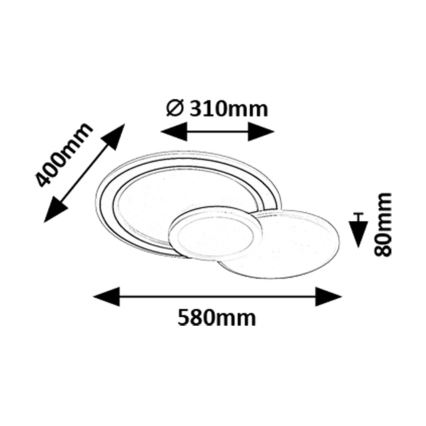 Dvojité stropné svietidlo s priemerom 310 mm a celkovou šírkou 580 mm je zobrazené zhora. Výška svietidla je 80 mm. Šírka vonkajšieho kruhu je 400 mm.