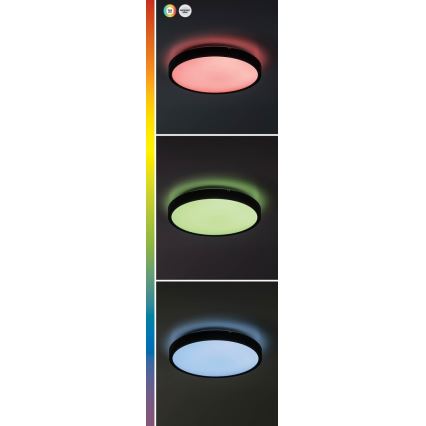 Okrúhle stropné LED svietidlo svieti v troch farbách: ružovej, svetlozelenej a svetlomodrej. Svietidlo je namontované na tmavom strope. Vedľa sú zobrazené farebné odtiene dostupného svetla.