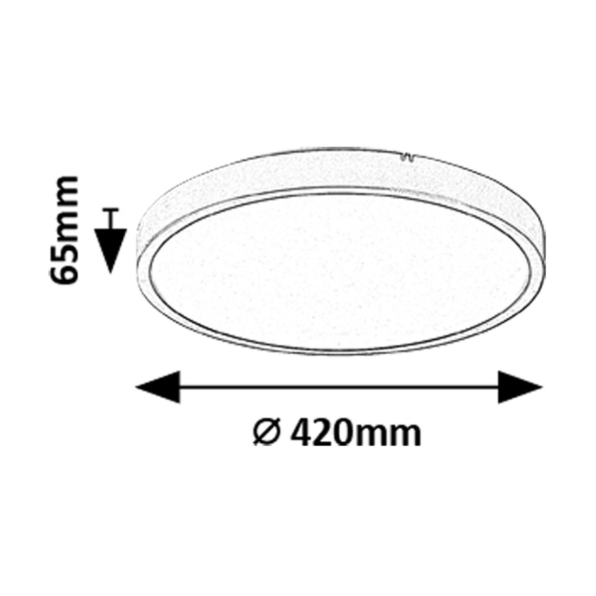 Okrúhle stropné svietidlo s priemerom 420 mm a výškou 65 mm je znázornené v náčrte. Svietidlo je zobrazené zhora.