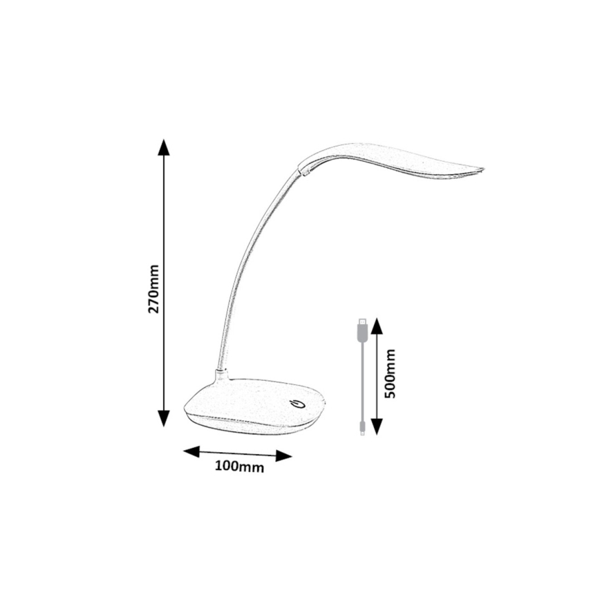 Stolová lampa s ohnutým ramenom svieti. Rozmery: výška 270 mm, šírka 100 mm, kábel 500 mm.