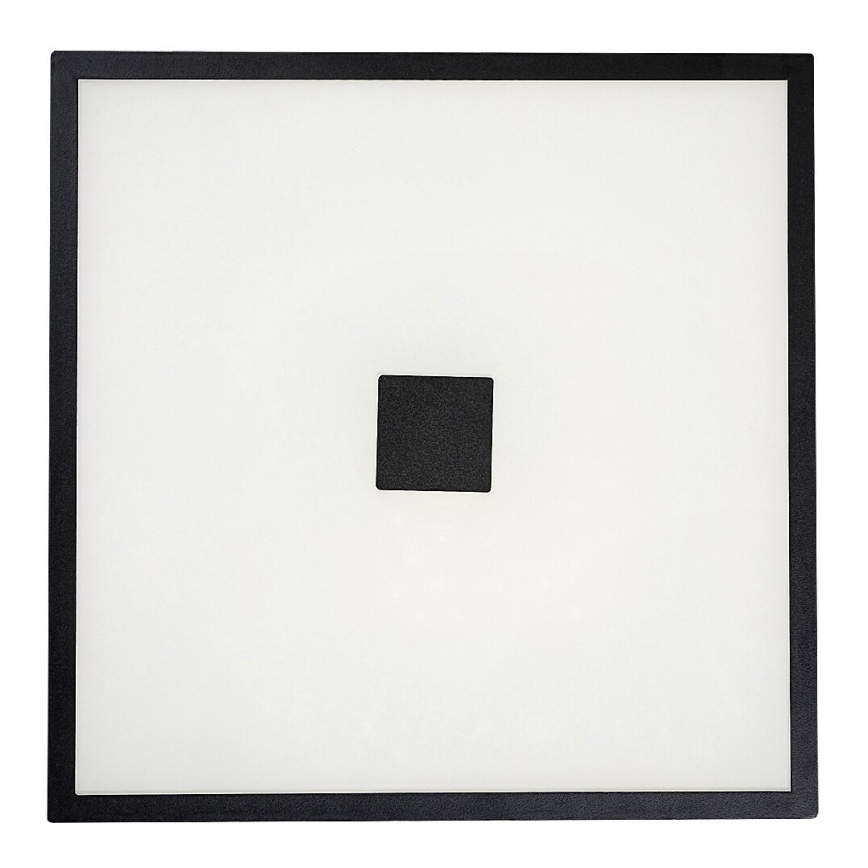 Štvorcové svietidlo s bielym difúzorom a čiernym rámom je umiestnené na bielom pozadí. V strede difúzora je malý čierny štvorcový prvok.