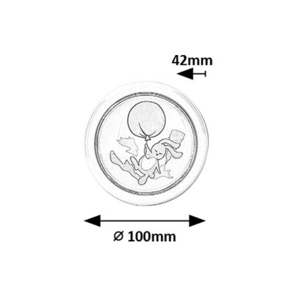 Okrúhly podnos s priemerom 100 mm a výškou 42 mm zobrazuje zajačika držiaceho sa balóna. Zajačik letí.