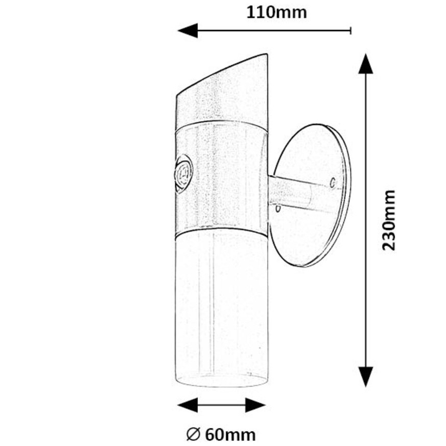 Nástené svietidlo je pripevnené na stene. Má valcový tvar s priemerom 60 mm a výškou 230 mm. Šírka je 110 mm.