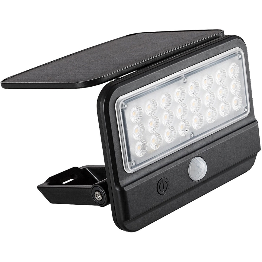 Solárny LED reflektor s pohybovým senzorom a spínačom svieti. Je čiernej farby, má sklápací solárny panel a je určený na vonkajšie použitie.