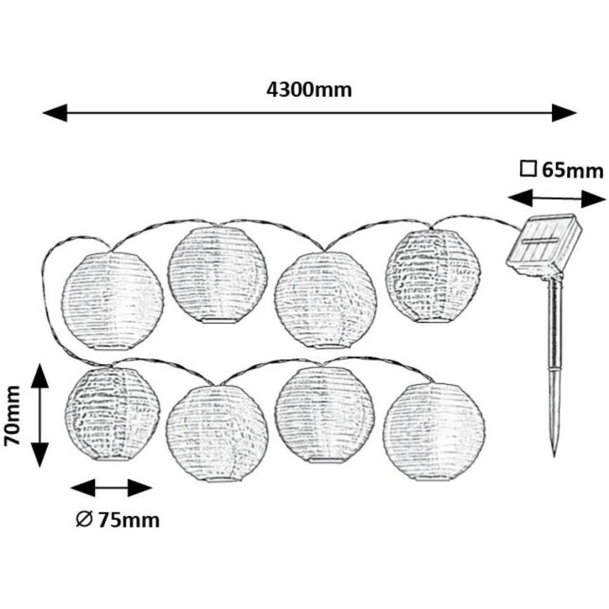 Solárny veniec s dvanástimi guľovitými lampášikmi, dlhý 4300 mm a vysoký 70 mm, s priemerom lampášikov 75 mm a solárnym panelom o rozmere 65 mm.