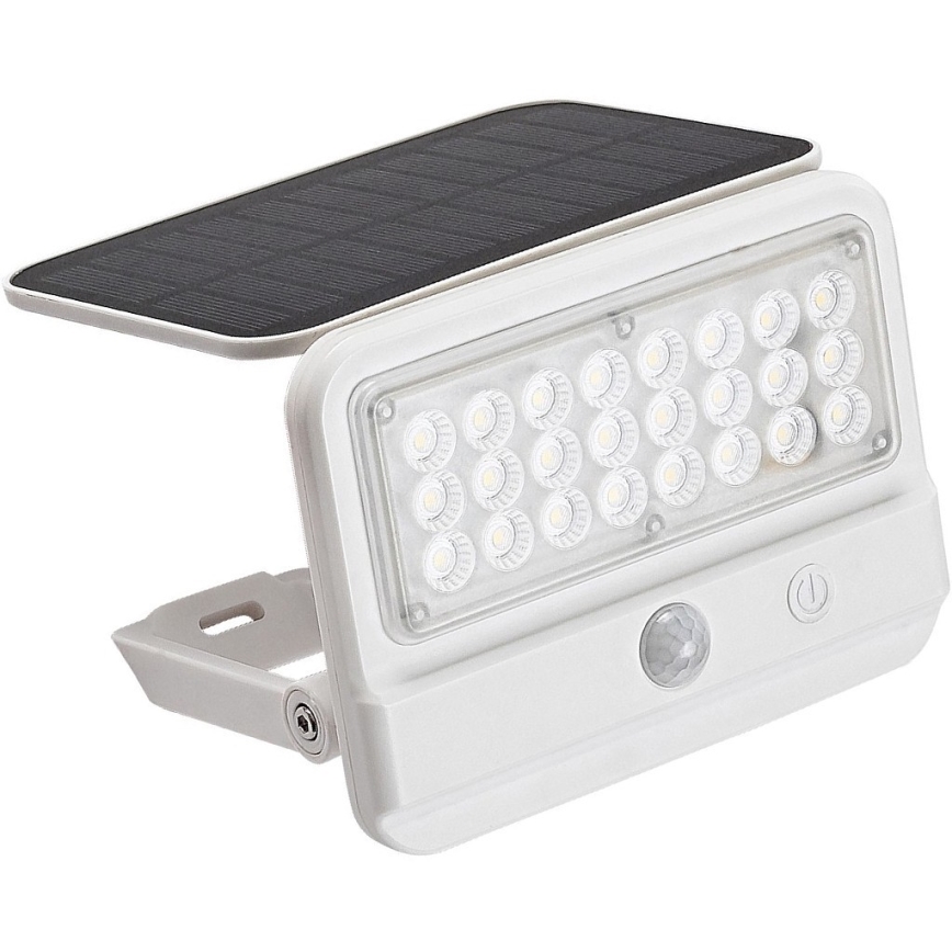 Solárny LED reflektor s pohybovým senzorom a vypínačom svieti. Má vstavaný solárny panel. Je biely a určený na vonkajšie použitie.
