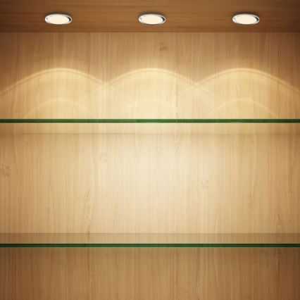 Dve prázdne sklenené police sú umiestnené v drevenej vitríne osvetlenej tromi stropnými svetlami. Svetlá vytvárajú na drevenom povrchu osvetlené oblasti.