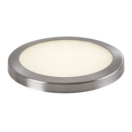 Okrúhle stropné LED svietidlo s kovovou, strieborno-šedej povrchovou úpravou svieti. Svietidlo je umiestnené na bielom pozadí.