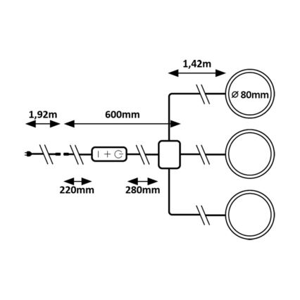 Schéma zobrazuje zapojenie osvetlenia. Tri kruhové svietidlá s priemerom 80 mm sú pripojené k riadiacej jednotke s označením „I + G“. Celková dĺžka zapojenia je 1,92 m, pričom vzdialenosť medzi jednotlivými svietidlami je 280 mm a 600mm.
