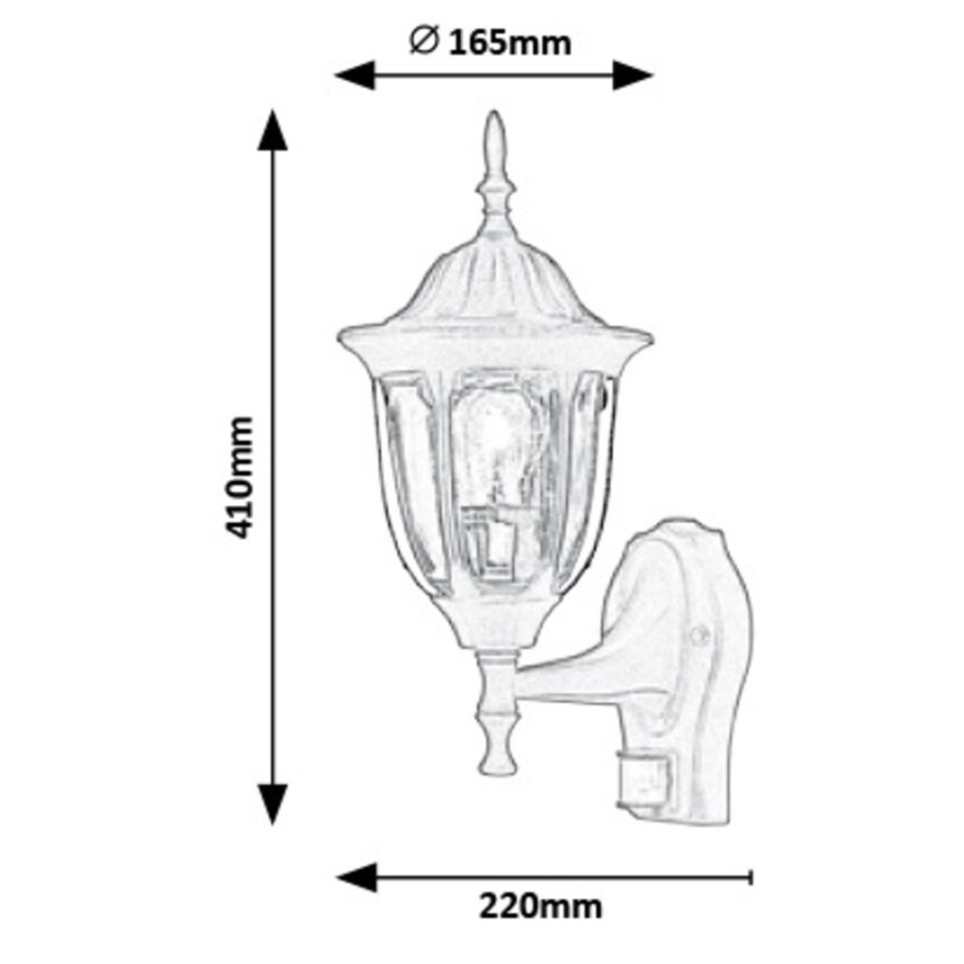 Nástené svietidlo s pohybovým senzorom, pripevnené na stenu. Rozmery: výška 410 mm, šírka 220 mm, priemer 165 mm.