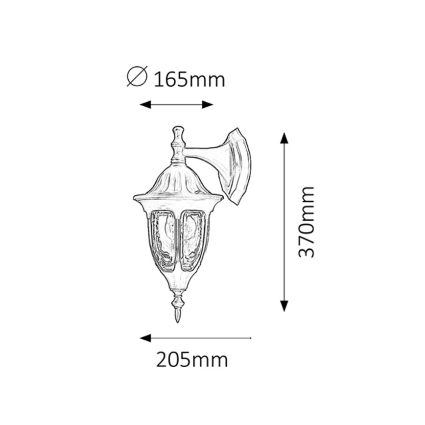 Nástená lampa visí na stene. Má tvar lucerny s rozmermi: šírka 165 mm, výška 370 mm, hĺbka 205 mm.
