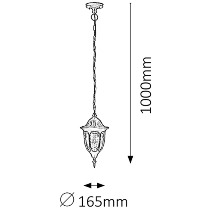 Závesné svietidlo visí na reťazi. Má tvar lampáša s priemerom 165 mm a dĺžkou 1000 mm.