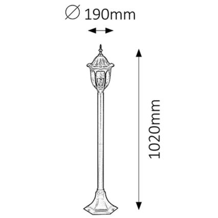 Stojacia lampa s ozdobnou hlavou stojí na štvorcovej podstave. Výška lampy je 1020 mm, priemer hlavy 190 mm.
