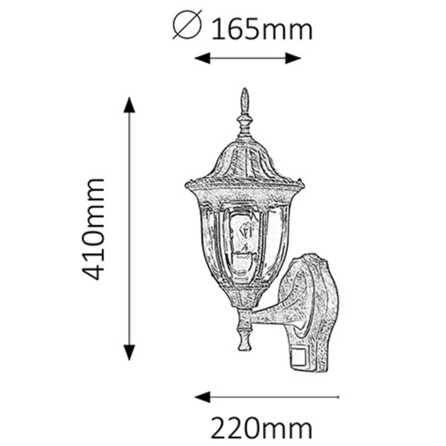 Nástená lampa s klasickým dizajnom je znázornená s rozmermi: šírka 165 mm, výška 410 mm a dĺžka 220 mm.