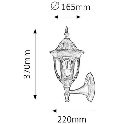 Nástená lampa s tvarom lucerny je pripevnená na stenu. Rozmery: výška 370 mm, šírka 165 mm, hĺbka 220 mm.