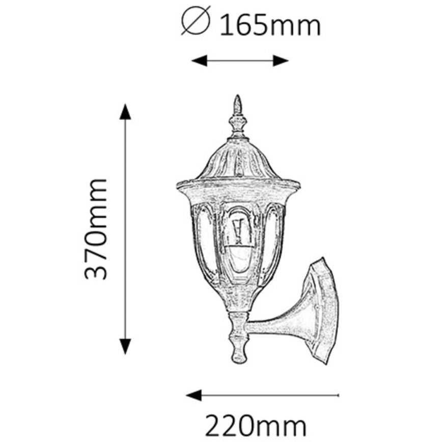 Nástená lampa s tvarom lucerny je pripevnená na stenu. Rozmery: výška 370 mm, šírka 165 mm, hĺbka 220 mm.