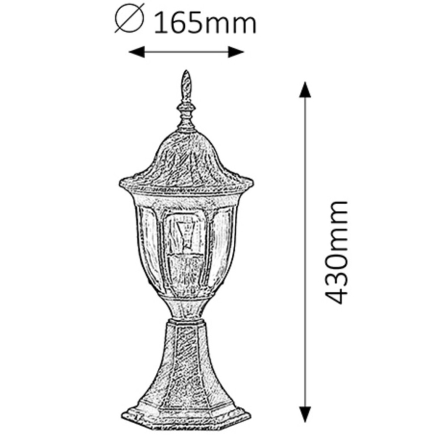 Stojanová lampa s kupolovitým tienidlom a hranatou základňou; výška 430 mm, šírka 165 mm.