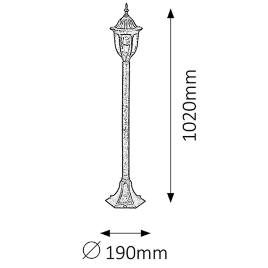 Lampáš s výškou 1020 mm a šírkou 190 mm stojí na štvorhrannej podstave.