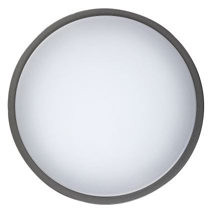 Okrúhle svietidlo s matným bielym difúzorom a tmavosivým rámom. Svietidlo je umiestnené na bielom pozadí.