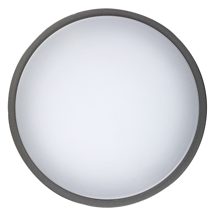 Okrúhle svietidlo s matným bielym difúzorom a tmavosivým rámom. Svietidlo je umiestnené na bielom pozadí.