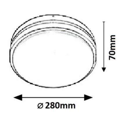 Okrúhle svietidlo s priemerom 280 mm a výškou 70 mm je znázornené v čiernobielej schéme s rozmermi.