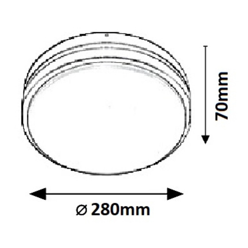 Okrúhle svietidlo s priemerom 280 mm a výškou 70 mm je znázornené v čiernobielej schéme s rozmermi.