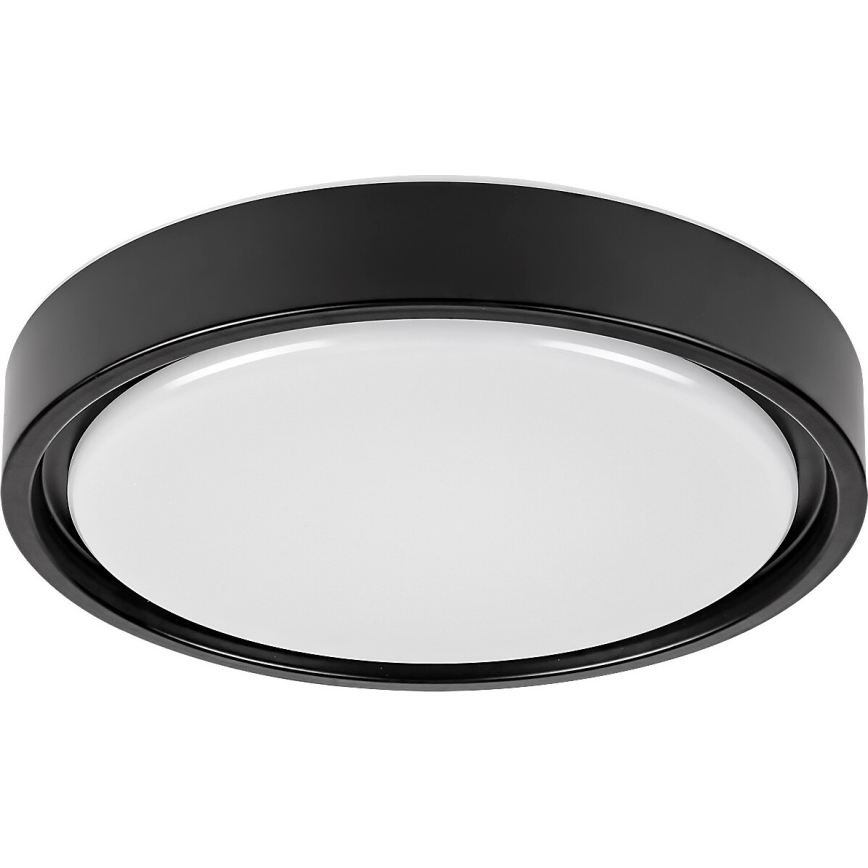 Okrúhle stropné svietidlo s bielym difúzorom a čiernym okrajom je zobrazené zhora. Svietidlo je osvetľovacím telesom. Nachádza sa na bielom pozadí.