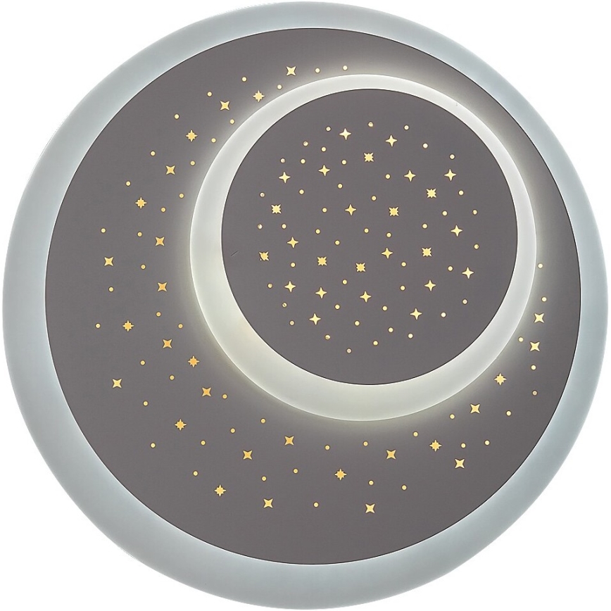 Svietidlo tvaru polmesiaca s vnútorným kruhom a zlatými hviezdičkami je osvetlené. Svietidlo je umiestnené na bielom pozadí.