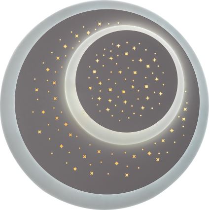 Svietidlo svieti. Je okrúhle, sivé, s dvoma kruhovými výrezmi, posiate zlatými hviezdičkami. Je umiestnené na bielom pozadí.