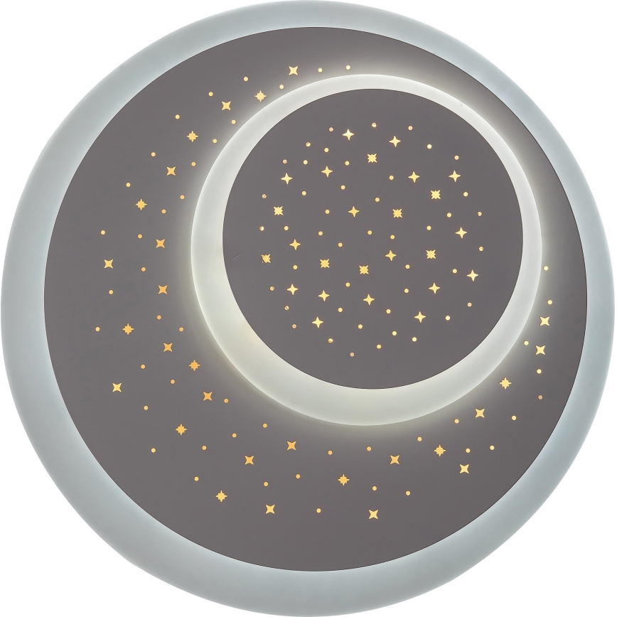 Svietidlo svieti. Je okrúhle, sivé, s dvoma kruhovými výrezmi, posiate zlatými hviezdičkami. Je umiestnené na bielom pozadí.