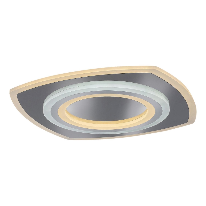 Svietidlo svieti na bielom pozadí. Má štvorcový tvar s zaoblenými rohmi, sivú stredovú časť a zlatý okraj. V strede sú tri koncentrické kruhy, dva svetlejšie a jeden tmavší.