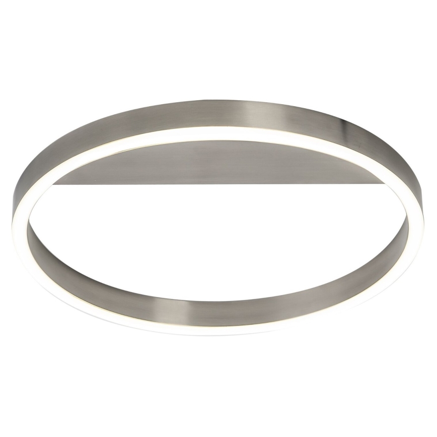 Stropné svietidlo v tvare kruhu s vnútorným LED osvetlením a čiastočne zakrytým spodkom, je umiestnené na bielom pozadí.