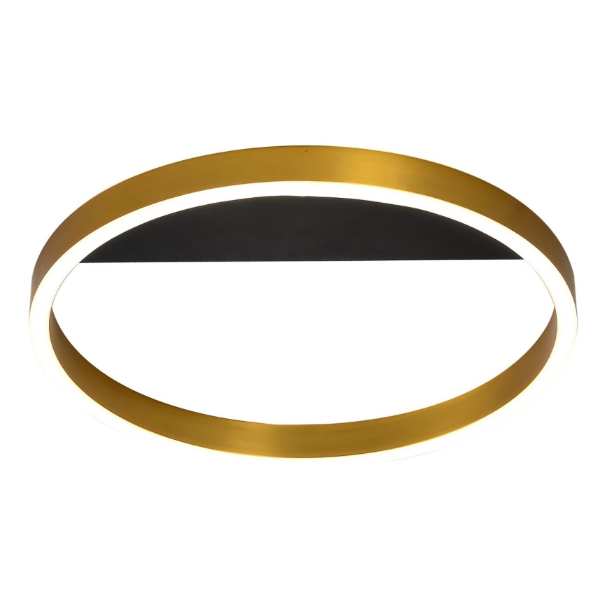 Zlatý kruhový stropný svietidlo s vnútorným bielym a čiernym difúzorom svieti. Svietidlo je umiestnené pred bielym pozadím.