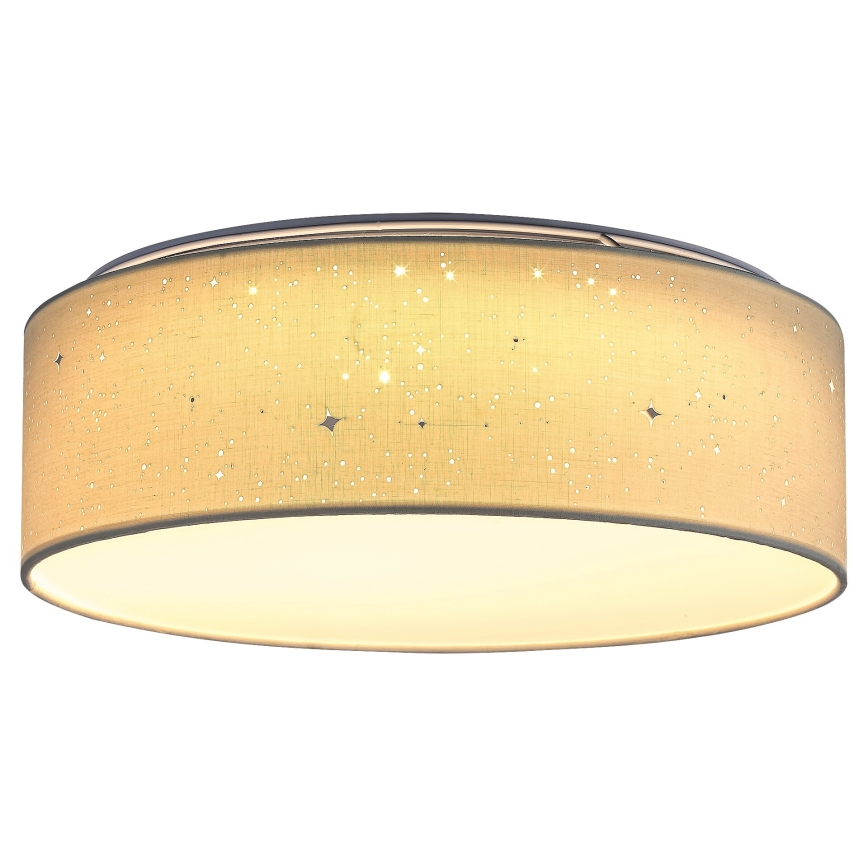 Svietidlo svieti. Je valcovité, svetložlté s drobnými otvormi tvaru hviezd. Je umiestnené na strope.