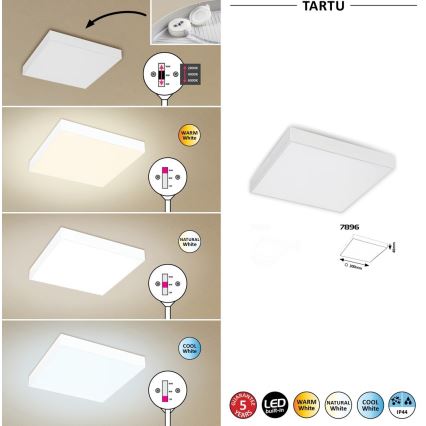Štvorcové LED svietidlo s nastaviteľnou teplotou svetla (teplá, neutrálna, chladná biela) sa montuje na strop. Rozmery svietidla sú 300x300 mm. Kód produktu: 7896.