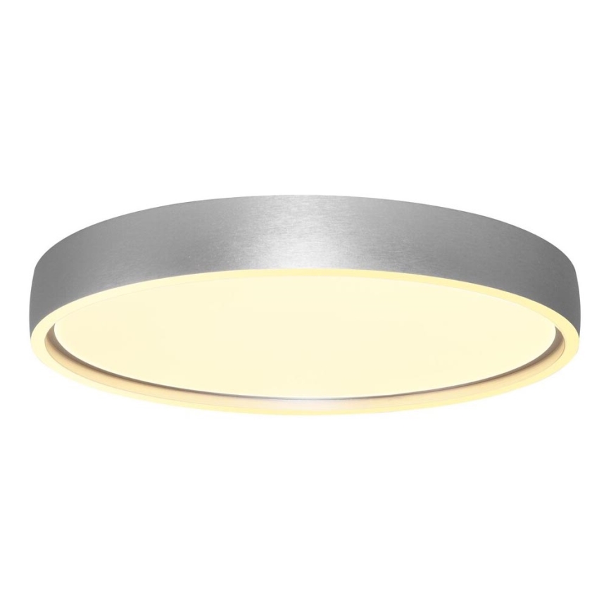 Stropné svietidlo svieti. Má strieborný okrúhly rám a svetložltý difúzor. Je umiestnené na bielom pozadí.