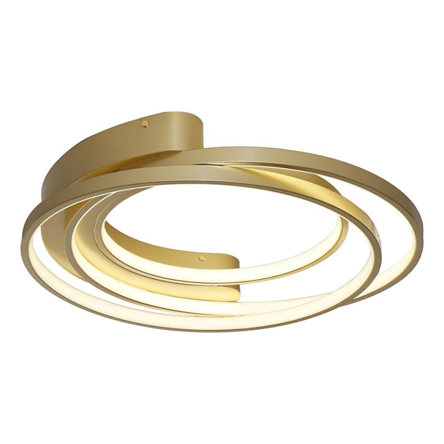 Zlaté stropné svietidlo s tromi prepletenými kruhmi svieti. Vnútorné kruhy obsahujú LED diódy. Svietidlo je na bielom pozadí.