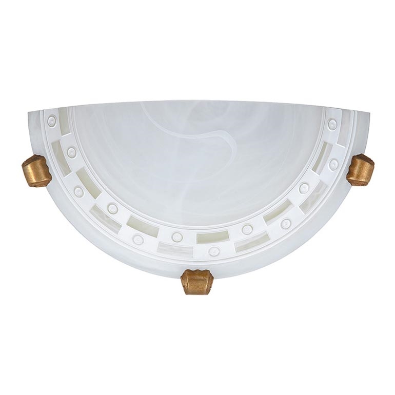 Polovicový nástenný svietiaci prístroj z mliečneho skla s ozdobným rámom a zlatými detailmi je pripevnený na stenu.