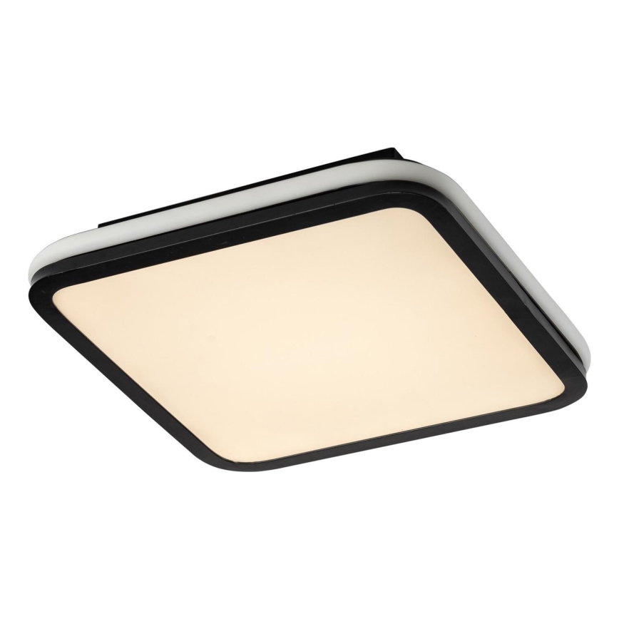 Štvorcové stropné svietidlo s čiernym rámom a matným svetložltým difúzorom je zavesené. Svietidlo vyžaruje svetlo. Prostredie je biele pozadie.
