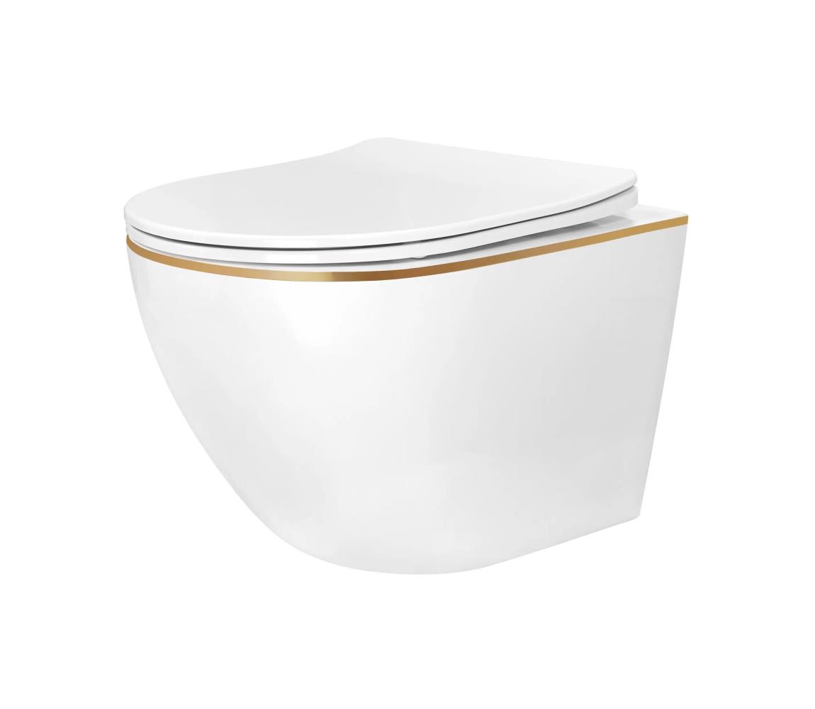 REA-C6806 - Závesné WC s WC sedátkom CARLO MINI TORNADO RIMLESS keramika/biela/zlatá REA-C6806
